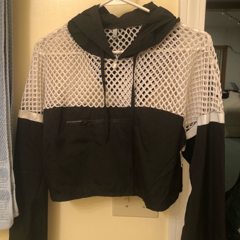 Black Cropped Windbreaker White Fishnet Material